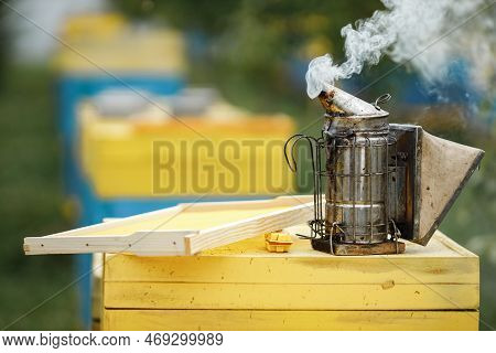 Cropped Photo Of Bee Smoker Standing On Beehouse On The Apiary