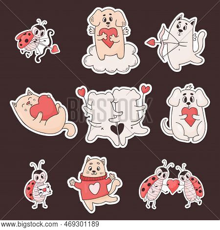 Collection Stickers Love Animals. Cute Puppy, Couple Dogs, Funny Cat And Ladybug Insects With Heart.