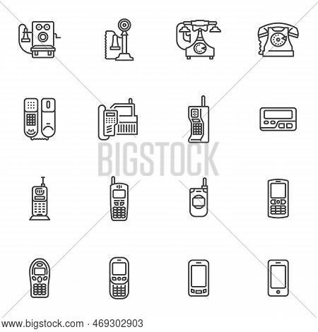 Evolution Of The Telephone Line Icons Set. Linear Style Symbols Collection, Outline Signs Pack. Phon
