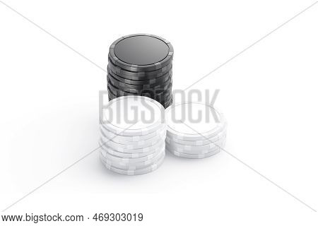 Blank Black And White Plastic Round Chip Mockup Stack, Isolated, 3d Rendering. Empty Gaming Badge Fo