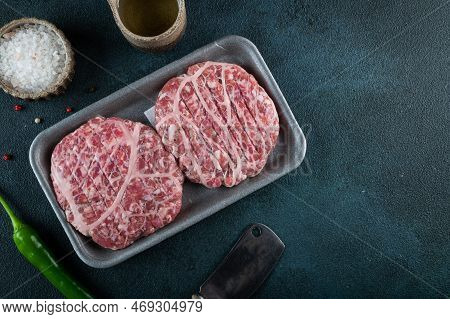 Raw Minced Meat And Ingredients For Home Made Grill Burgers. Semifinished Food. American Cuisine. Ra