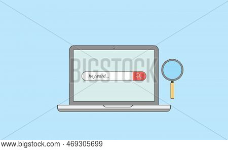 Keyword Research Analysis With Laptop And Magnifying Zoom Tools With Line Or Outline Style Vector Il