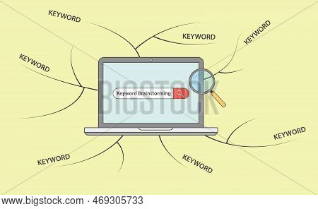 Seo Keyword Brainstorming With Laptop And Brain Storming Map Vector Illustration