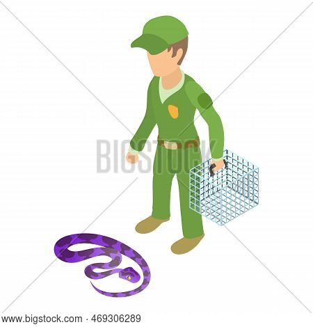 Creeping Snake Icon Isometric Vector. Man In Uniform Near Brightly Colored Snake. Reptile Capture, H