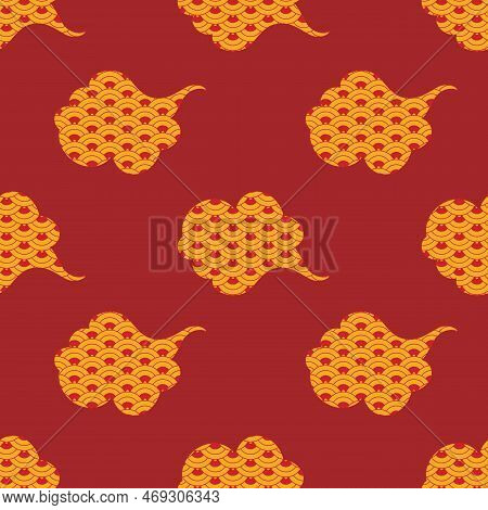Chinese Clouds With Waves Pattern, Seamless Repeat Design Background