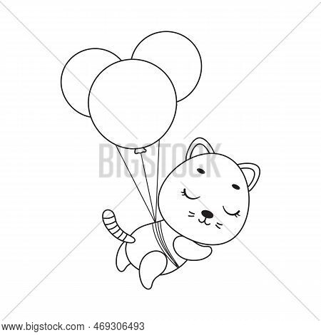 Coloring Page Cute Little Cat Flying On Balloons. Coloring Book For Kids. Educational Activity For P