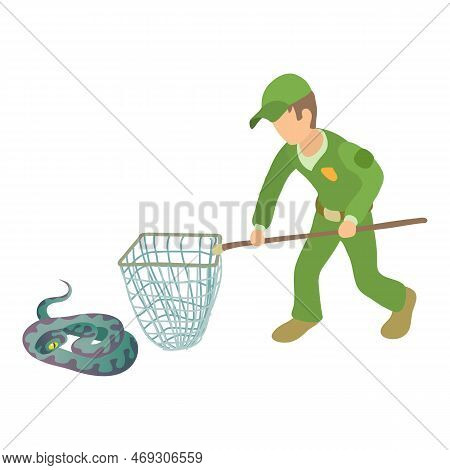 Purple Snake Icon Isometric Vector. Man In Uniform With Landing Net Near Snake. Reptile Capture, Her