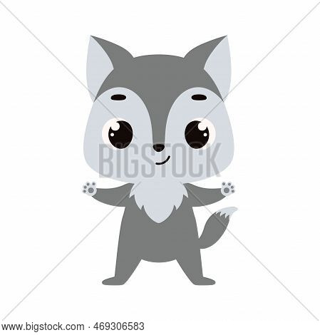 Cute Little Wolf On White Background. Cartoon Animal Character For Kids Cards, Baby Shower, Invitati