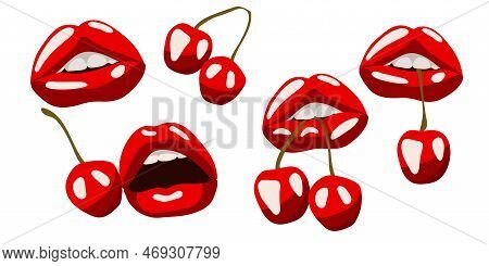 A Set Of Sexy Red Lips With Cherry. Cherry In The Teeth, In The Mouth. A Bright Illustration For Pri