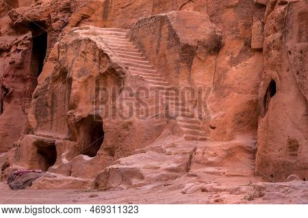 Wadi Musa, Jordan Rocks, Caves And Staircase View At Little Petra, Siq Al-barid