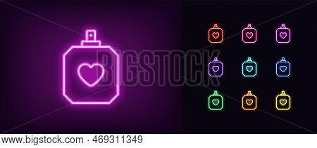 Outline Neon Perfume Bottle Icon. Glowing Neon Parfum Bottle Frame With Heart Sign, Love Perfume Pic