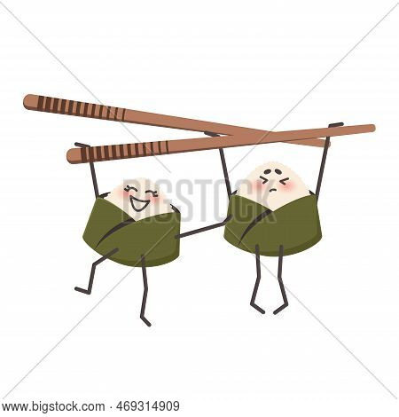 Onigiri As Traditional Japanese Food. Funny Cute Characters Hanging From Sushi Chopsticks. Doodle Dr