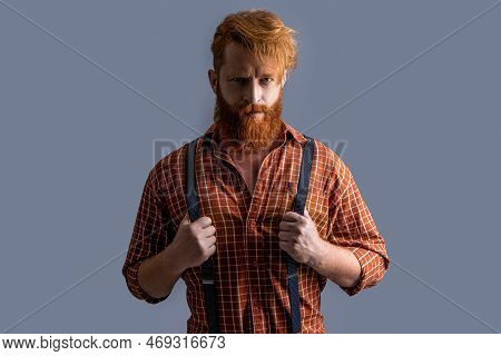 Image Of Retro Elegant Man In Suspenders. Retro Elegant Man In Suspenders Isolated On Grey.