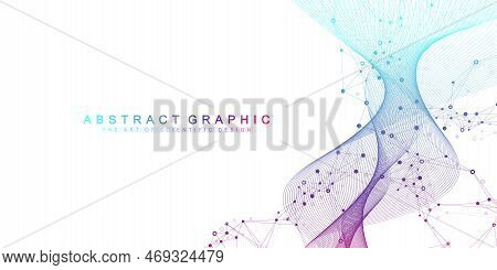 Digits Abstract Background With Connected Line And Dots, Wave Flow. Digital Neural Networks. Network