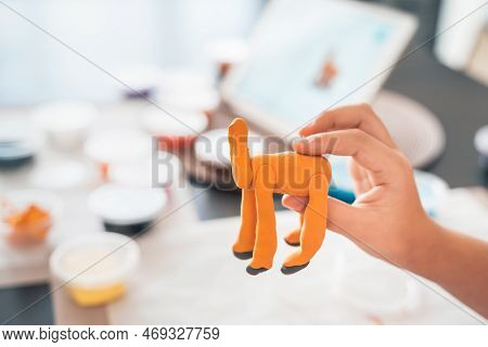 Little Girls Sculpt Figurines Crafts From Air Plasticine, Modeling Dough.online Lessons In Tablet. C