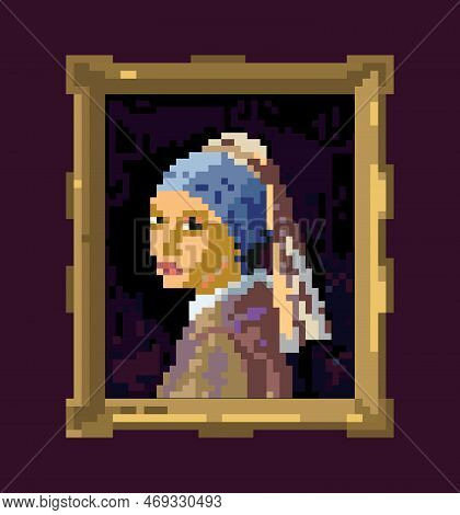 Pixel Art Girl With A Pearl Earring In Frame. Creative Redrawing Artwork, Crypto Art, Modern Digital
