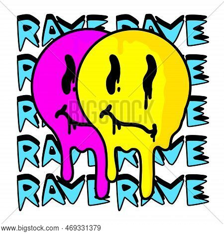 Yellow Smile Face On Background Of Rave Text. Poster For 90s Techno Party. Cartoon Illustration