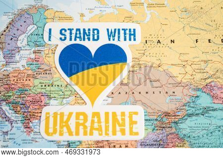 Bangkok, Thailand - September 1, 2022 I Stand With Ukraine, Flag On World Map, Stop War With Russia 