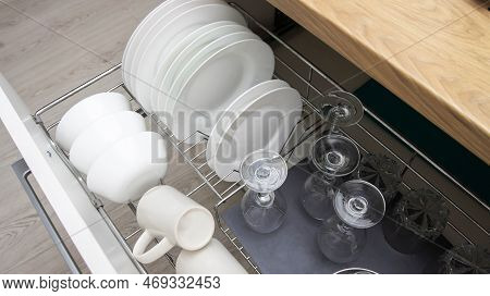 Modern Custom Kitchen With Drawers For Utensils. Accessories In The Kitchen.