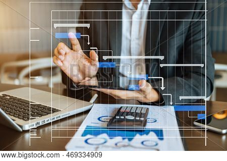 Project Manager Working And Update Tasks With Milestones Progress Planning And Gantt Chart Schedulin