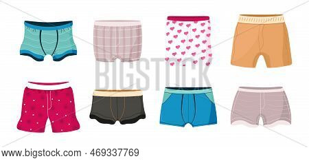 Men Underwear Design Vector Set In Flat Style. Boy Underpants. Doodle Male Slimming Or Swimming Unde