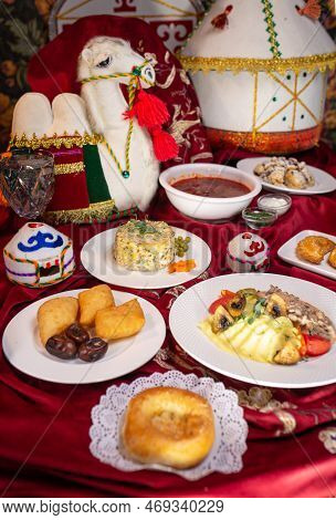 Kazakh Festive Table With National Dishes. Traditional Dastarkhan.