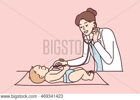 Woman Pediatrician Using Stethoscope To Listen To Heartbeat Of Nursing Baby At Routine Medical Check