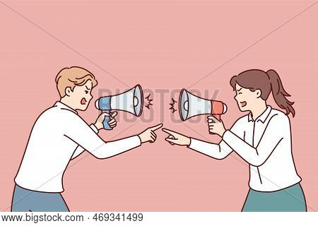 Aggressive Men And Women With Megaphones Quarreling And Pointing Fingers At Each Other. Guy And Girl