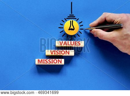 Mission Vision Values Symbol. Concept Words Mission Vision Values On Wooden Blocks On A Beautiful Bl