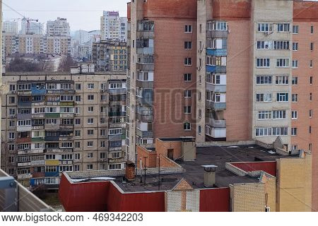 Russian Old Commieblock Houses. Soviet Period Apartment Blocks In Belgorod Left-bank Residential Are