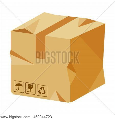 Damaged Cardboard Box. Crumpled Bag, Brown Sealed For Storage. Retail, Logistics, Delivery, Storage 