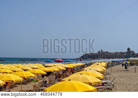 Termoli, Italy - 5 Sept 2022: Panoramic View Of The Old Town From The Beach With Tourists During Sum