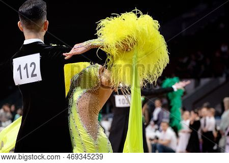 Couple Dancers Dancing Waltz At Ballroom Competition