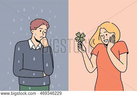 Set Of Lucky And Unlucky People In Life. Unhappy Stressed Man And Smiling Optimistic Woman Feeling D