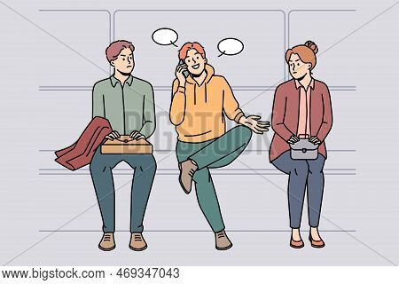 Smiling Young Man Talk Loud In Line In Public Place. Happy Millennial Guy Speaking Loudly On Cellpho