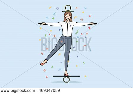 Happy Businesswoman Balancing Cope With Business Problems At Workplace. Smiling Female Employee Or W
