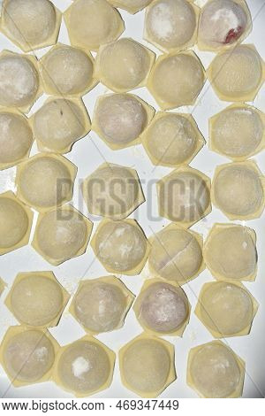 Freshly Made Meat Dumplings Close-up. Meat Semi-finished Products.