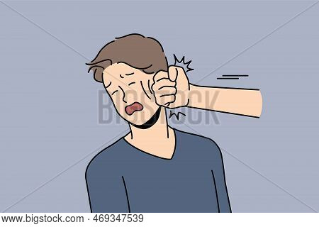 Hand Punching Unhappy Young Man In Face. Stressed Desperate Guy Get Punched In Fight Or Argument. Ph