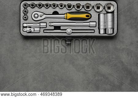 Tool Kit For The Car Repair. Ratchet And Bits Tool Kit. Socket Wrench And Ratchet Heads. Equipment F