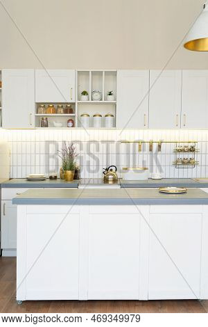 Kitchen Table Top With Accesoires On Shelves