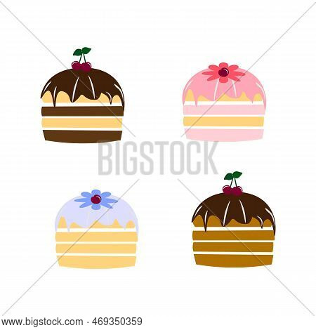 Vector Graphics. On A White Background, Four Biscuit Cakes With Icing, Cherries And Marzipans On Top