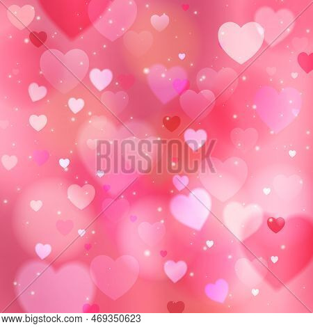 Pink Sparkling Heart Background. Blurred Bright Valentine's Day Wallpaper, Colorful Gradient Vector.
