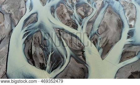 Glacial Rivers From Above. Aerial Photograph Of The River Streams From Icelandic Glaciers. Beautiful