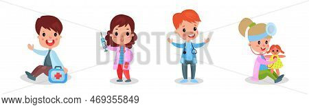Kids In Medical Uniform Playing Doctors And Nurses With Toys Vector Set
