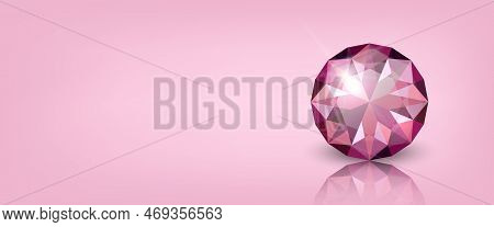 Vector Horizontal Banner With 3d Realistic Pink Transparent Round Glowing Gemstone, Diamond, Crystal