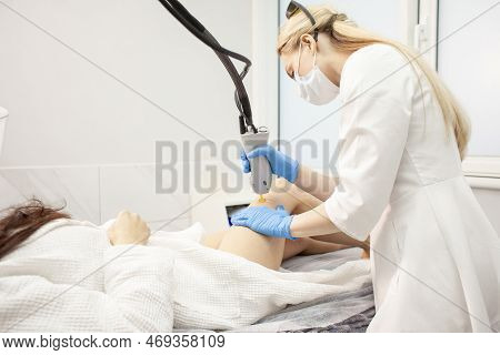 Leg Hair Removal With Alexandrite Laser. Woman Client In Cosmetology Clinic Doing Leg Epilation With