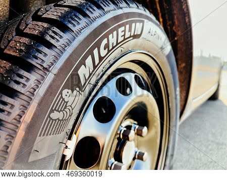 Clermont-ferrand, France - Oct 17, 2022: Close-up Of New Michelin Alpin 6 Premium Touring Winter Tyr