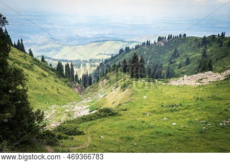 View Of The City Of Almaty From The Hiking Trail To Mount Furmanov Along The Kimasar Gorge, In The A
