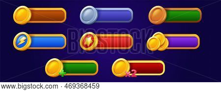 Game Bars With Gold Coins, Star, Power Symbol, Plus And X2. Game Ui Interface Elements With Panels W