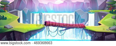 Log Bridge Across River Between Cliffs Wirth Waterfall. Vector Cartoon Illustration Of Rocky Mountai